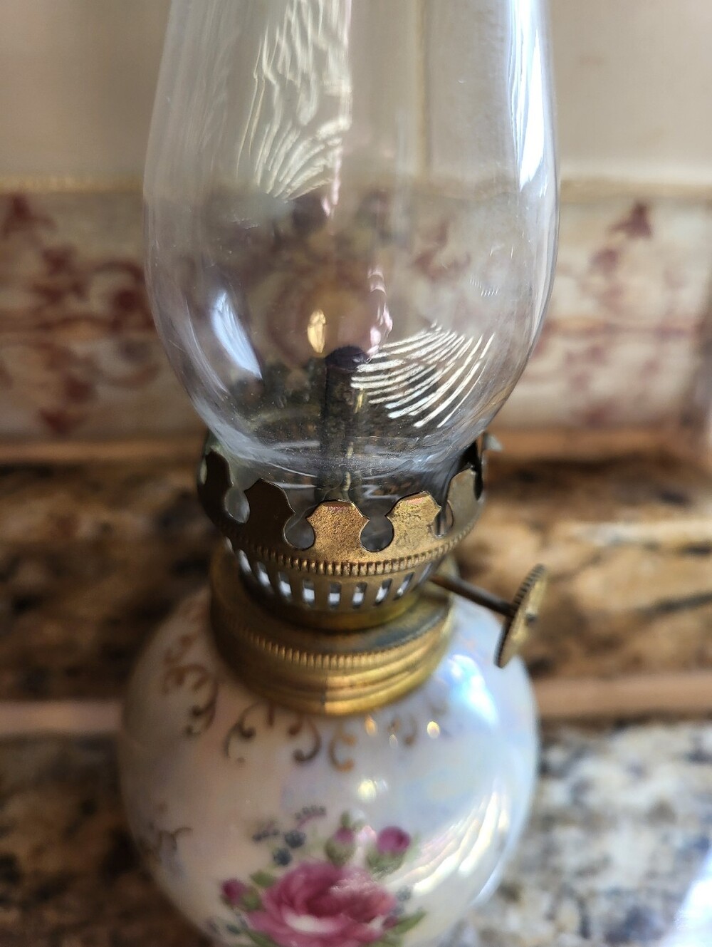 Porcelain 7.5 Inch Iredescent Rose Oil Lantern in White and Pink with Brass Trim - Picture 3 of 11